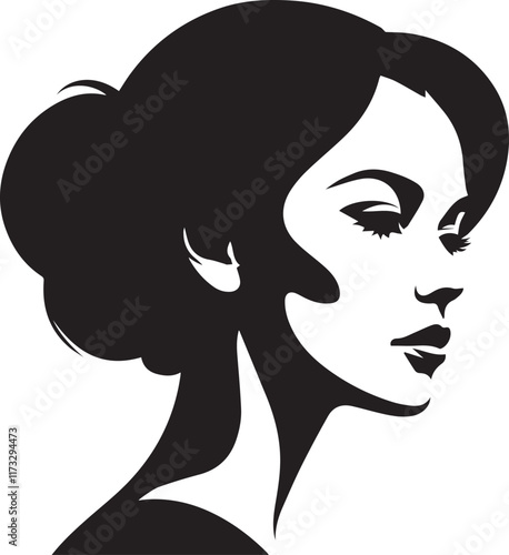 Creative human woman face black soild silhouette logo icon, drawing girl head isolated on white background. Clipart element person vector