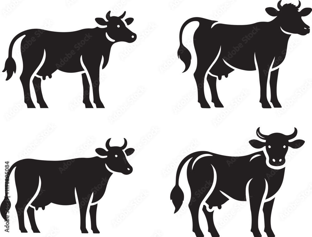 Fototapeta premium Cow vector black silhouette lineart logo icon set, animal isolated on white background, creative minimal clean detail mammal editable clipart bundle