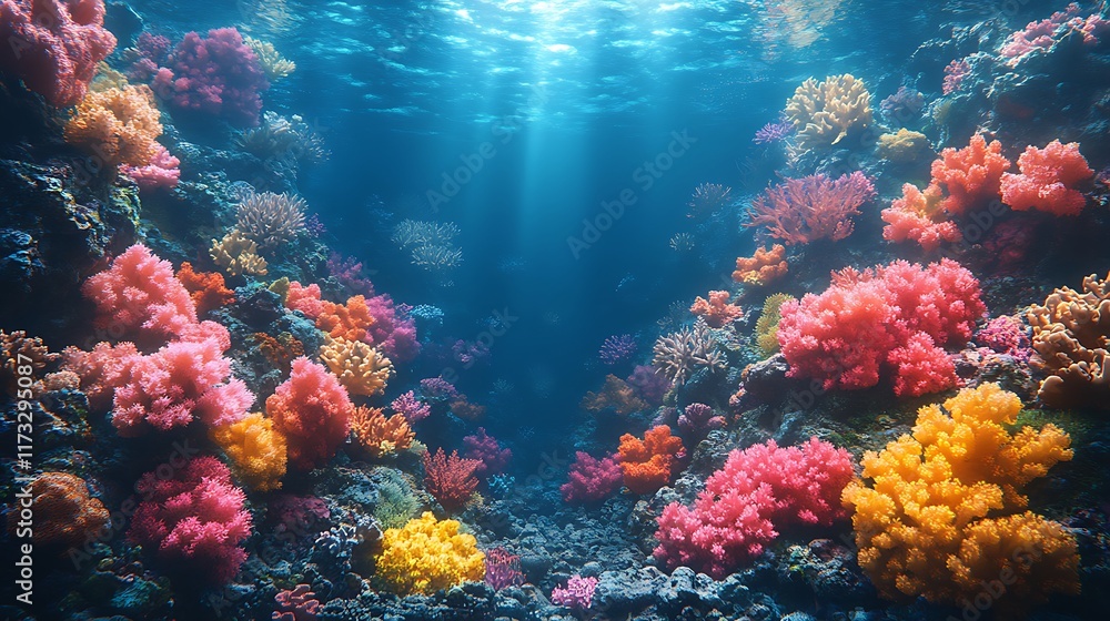 Fototapeta premium Vibrant Coral Reef Underwater Scene Showing Colorful Corals