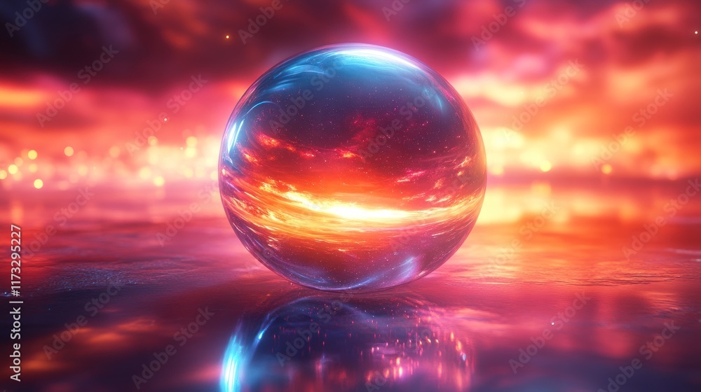 A luminous, reflective sphere rests on a vibrant, fiery surface, reflecting a mesmerizing sunset sky. A luminous, reflective sphere rests on a vibrant, fiery surface, reflecting a mesmerizing sunset sky.