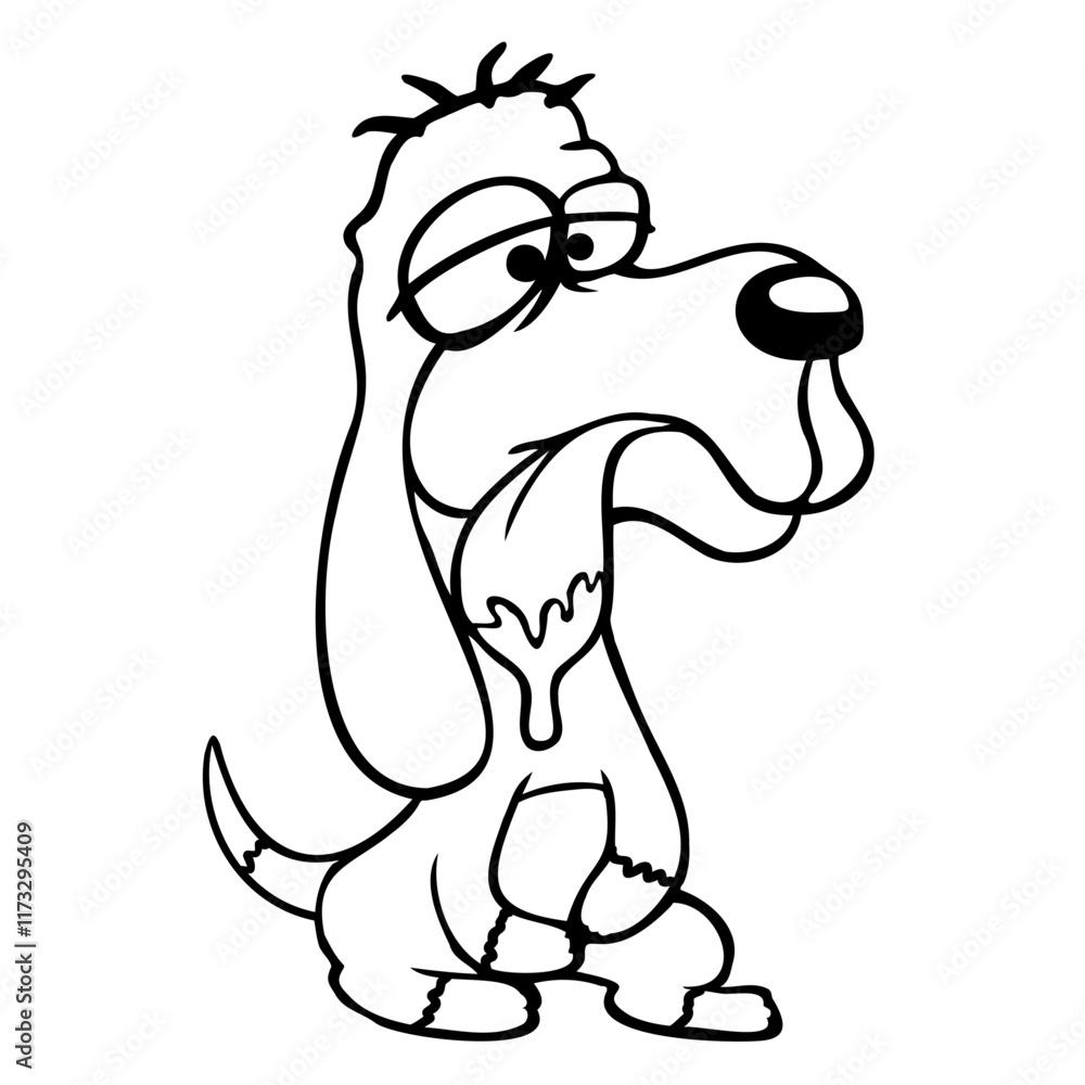 Naklejka premium Dog Sits Drools Spit Tongue Funny Stupid Comic Fun Design Lover Art Vector Illustration Card T-Shirt Poster Sticker Graphic Print Decorative Drawing Isolated Logo Decoration Symbol Creative Cool Style