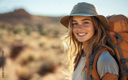 Young adventurer in a hat and backpack, hiking across diverse landscapes, embracing the travel lifestyle and the thrill of outdoor adventure and exploration photo