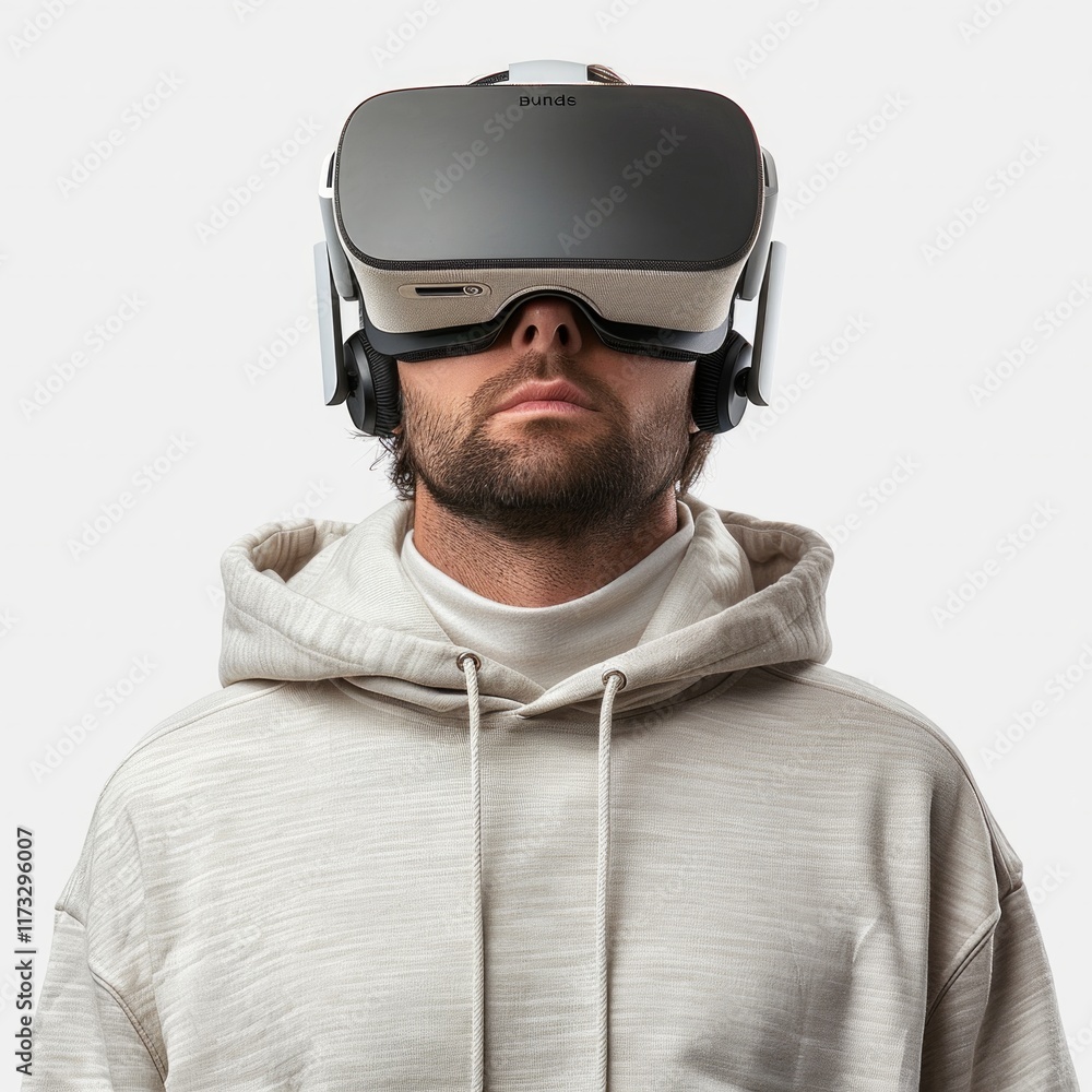 Man wearing a VR headset and a gray hoodie. AI generative. . Man wearing a VR headset and a gray hoodie. AI generative. .
