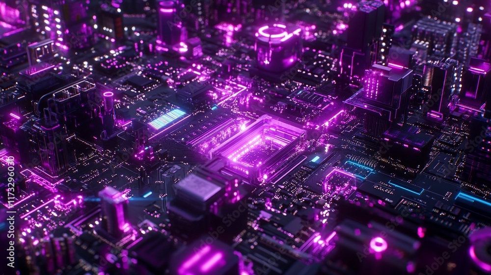 Abstract futuristic cyberpunk circuit board with glowing purple neon lights. Abstract futuristic cyberpunk circuit board with glowing purple neon lights.