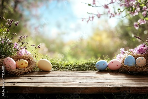 Easter eggs in a garden setting on a wooden surface