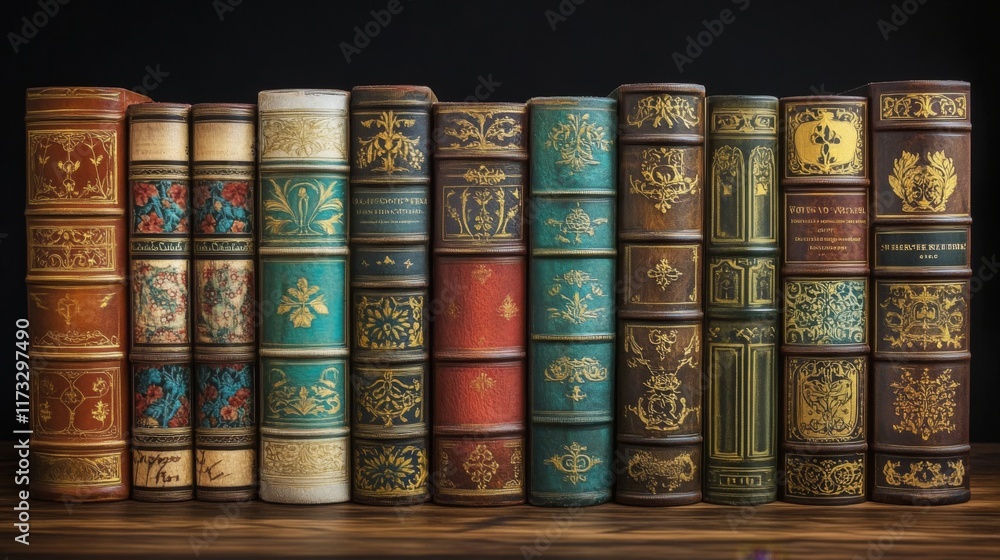 Naklejka premium A beautiful collection of vintage books lined up on a shelf. Their ornate covers capture the essence of history and literary treasures. A must-see for book lovers. Generative AI