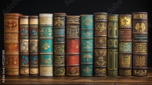 A beautiful collection of vintage books lined up on a shelf. Their ornate covers capture the essence of history and literary treasures. A must-see for book lovers. Generative AI photo