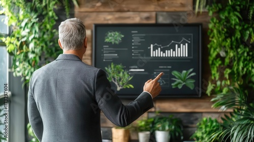 CEO outlining a company s future growth plan on a digital dashboard in a sleek boardroom, strategy, planning, decisionmaking
