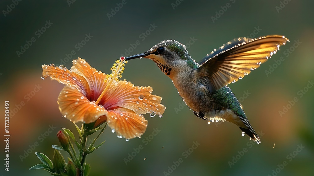 Fototapeta premium Hummingbird feeding on an orange hibiscus flower, water droplets visible.