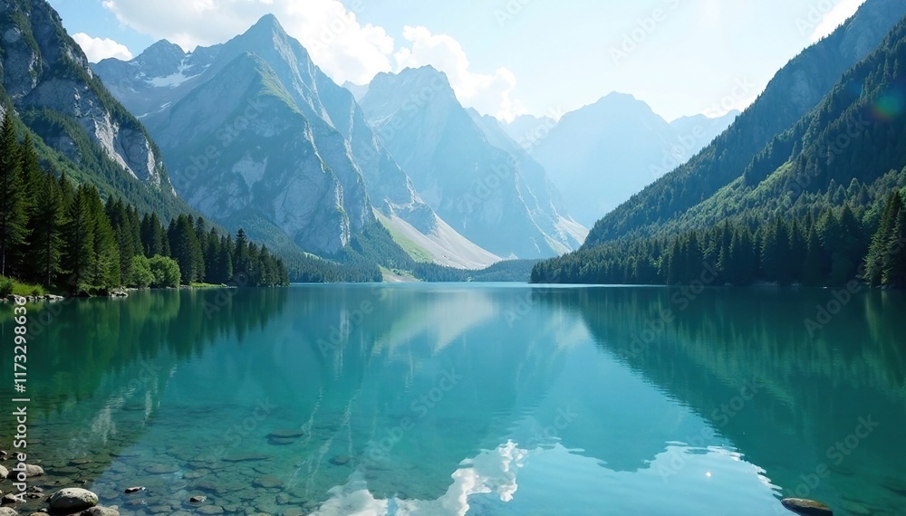 Peaceful lake scene with surrounding mountains and dense forest, water, landscape Peaceful lake scene with surrounding mountains and dense forest, water, landscape