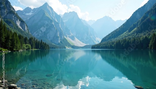 Peaceful lake scene with surrounding mountains and dense forest, water, landscape