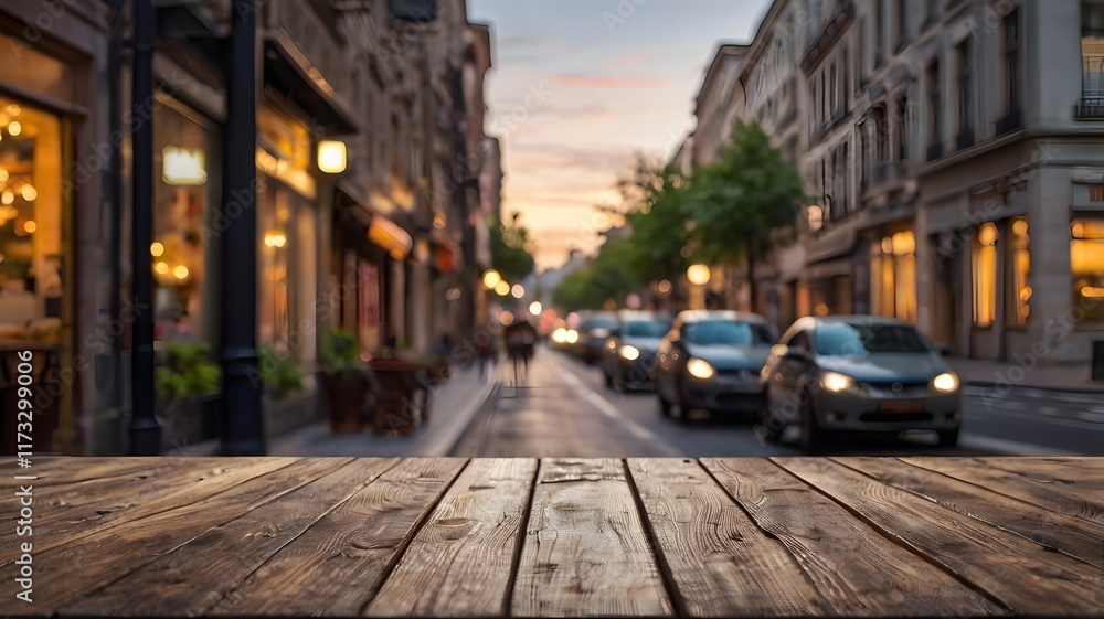 Fototapeta premium Table top on blurred city streets background.