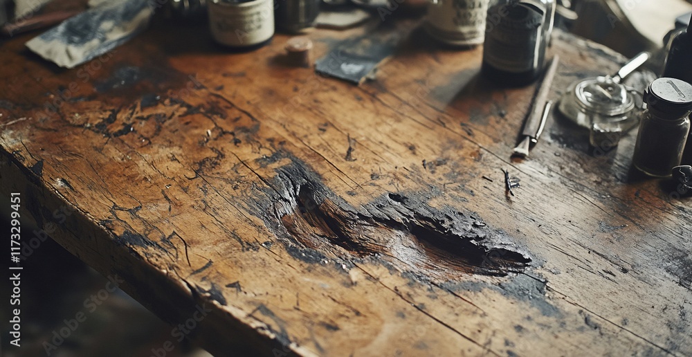 A rustic wooden table top with a worn surface and a knot hole, with ink bottles and tools scattered around. A rustic wooden table top with a worn surface and a knot hole, with ink bottles and tools scattered around.