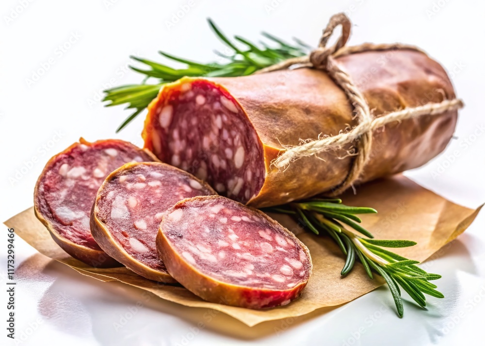 Italian Country Salami: Whole & Sliced, Rustic Butcher Paper, Isolated on White Background Italian Country Salami: Whole & Sliced, Rustic Butcher Paper, Isolated on White Background