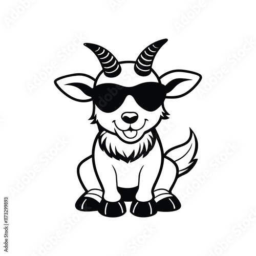 Cute baby Goat sitting wearing sunglass illustration vector, Goat clipart Design, Funny Goat Design
