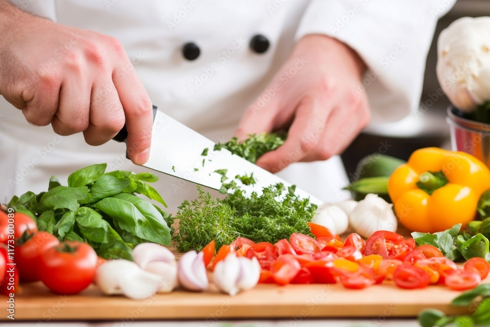 A chef holding a knife, poised to chop herbs on a vibrant cutting board filled with fresh produce A chef holding a knife, poised to chop herbs on a vibrant cutting board filled with fresh produce