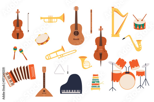 Musical instruments set pack. Music elements of violin, maracas,accordion,piano,drums,guitar, flute,triangle,bass guitar,horn,harp,flute,tambourine,cello,xylophone. Vector isolated cartoon flat style.
