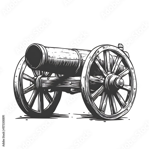 Cannon on wooden wheels, sketched. photo