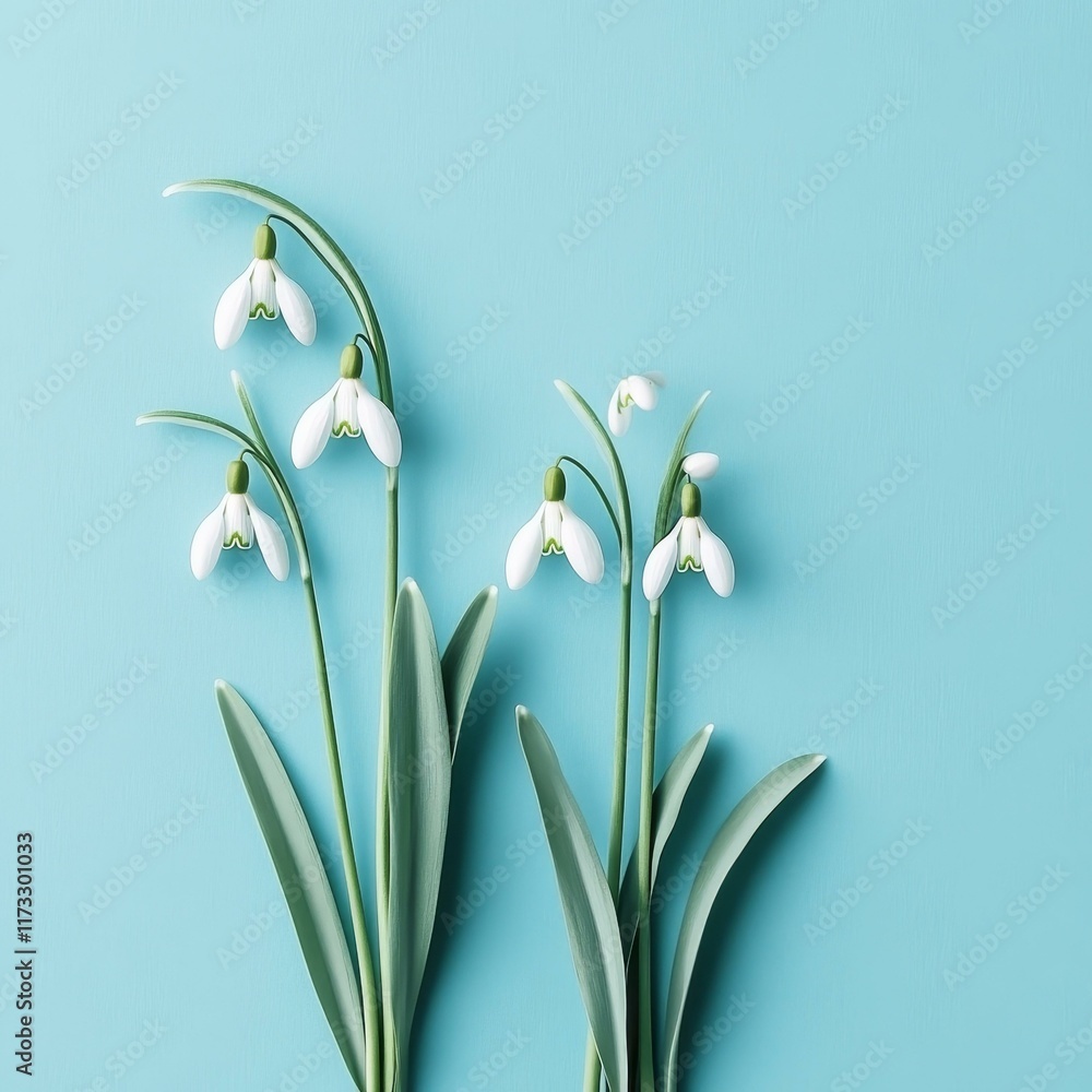 Obraz premium Spring Snowdrop Flowers on a Light Blue Background