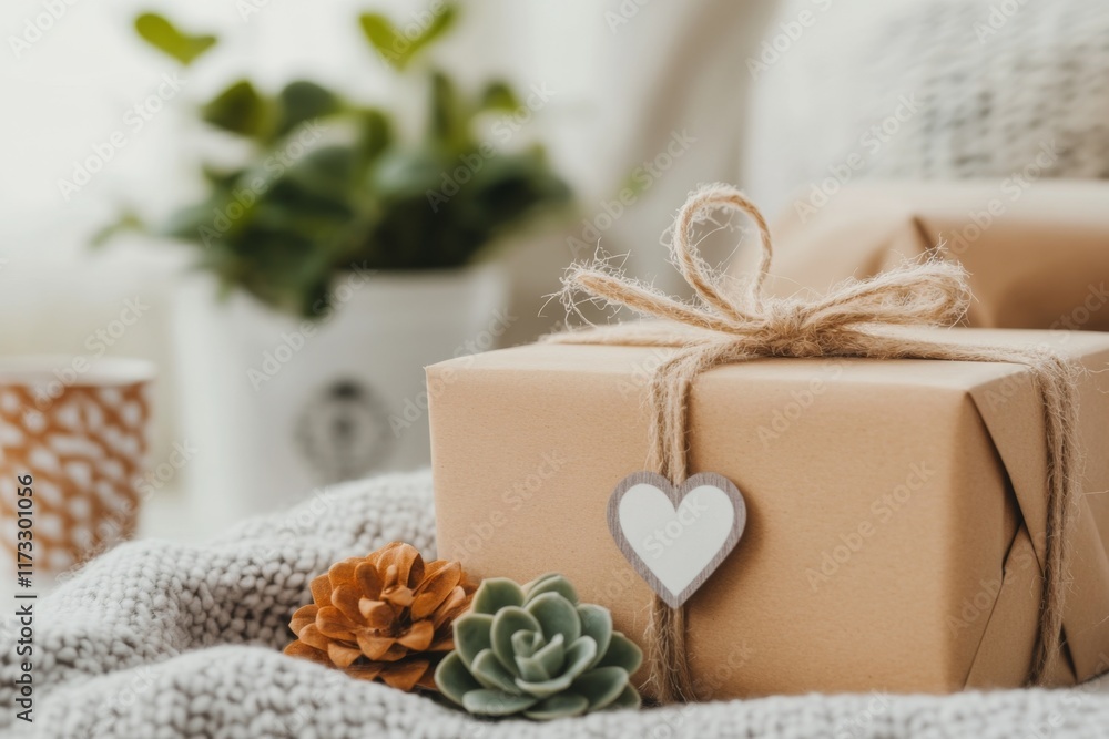 A close-up of kraft paper packaging for a skincare product, with soft, natural lighting and small plants in the background A close-up of kraft paper packaging for a skincare product, with soft, natural lighting and small plants in the background