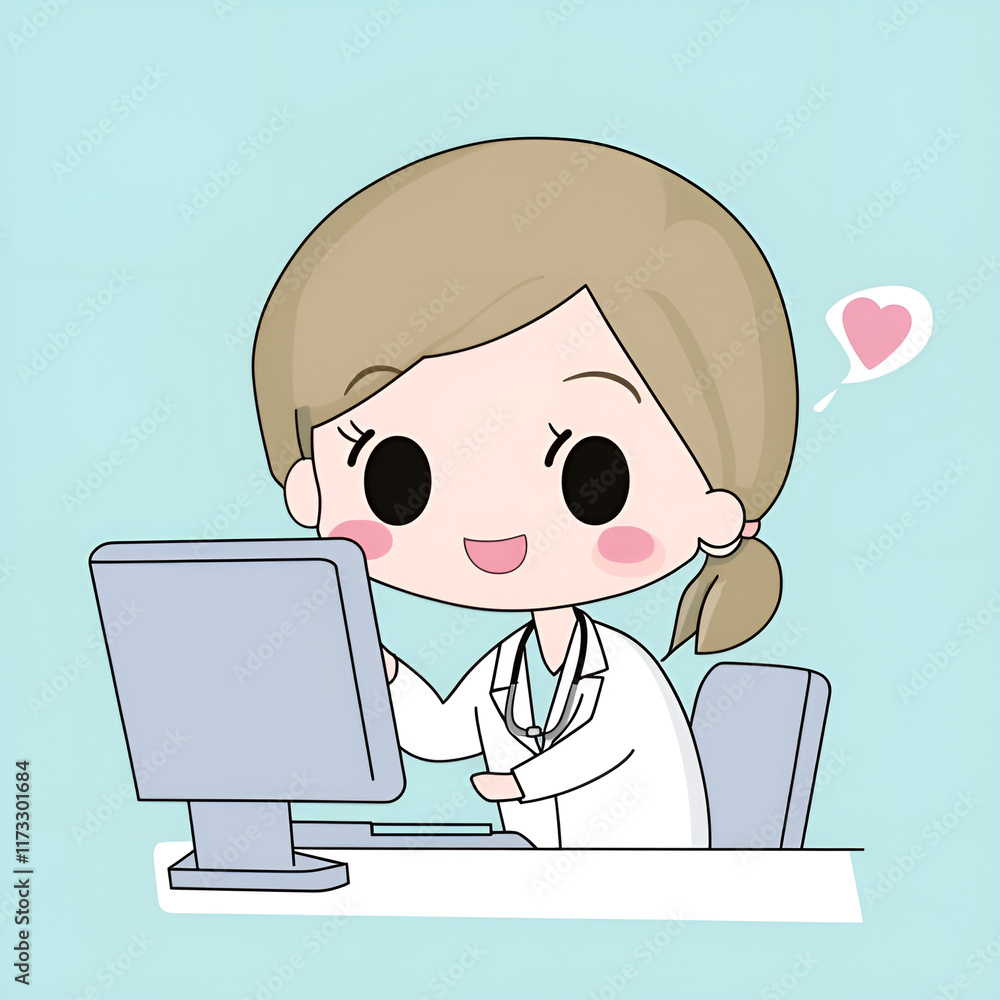 Cute cartoon doctor working on a computer, cheerful character design in medical setting Cute cartoon doctor working on a computer, cheerful character design in medical setting