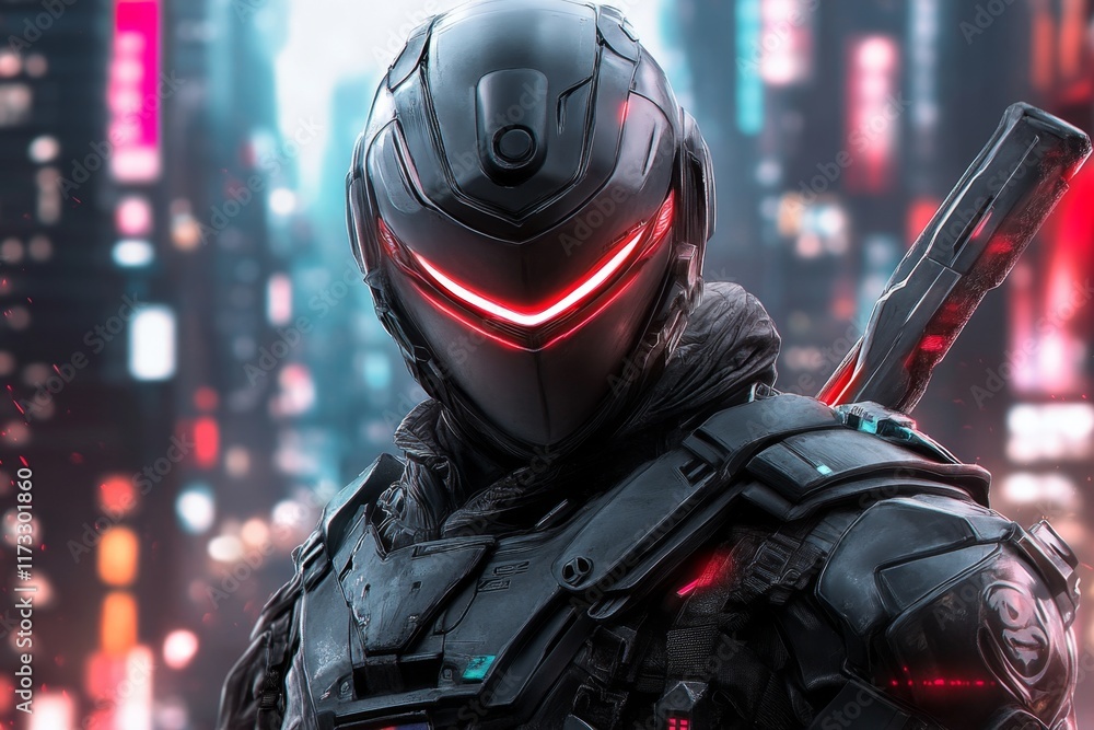 A cyberpunk knight wearing neon-lined armor, wielding a plasma sword in a dystopian cityscape A cyberpunk knight wearing neon-lined armor, wielding a plasma sword in a dystopian cityscape