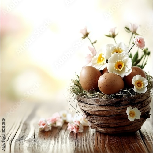 Easter eggs and flowers in a nest basket