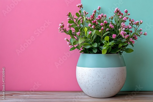 Pink flowers in a teal and white pot against a pink and green background.