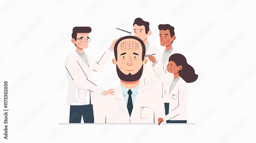 Tiny Doctor Characters Preparing Huge Male Head for Haircut Tiny Doctor Characters Preparing Huge Male Head for Haircut