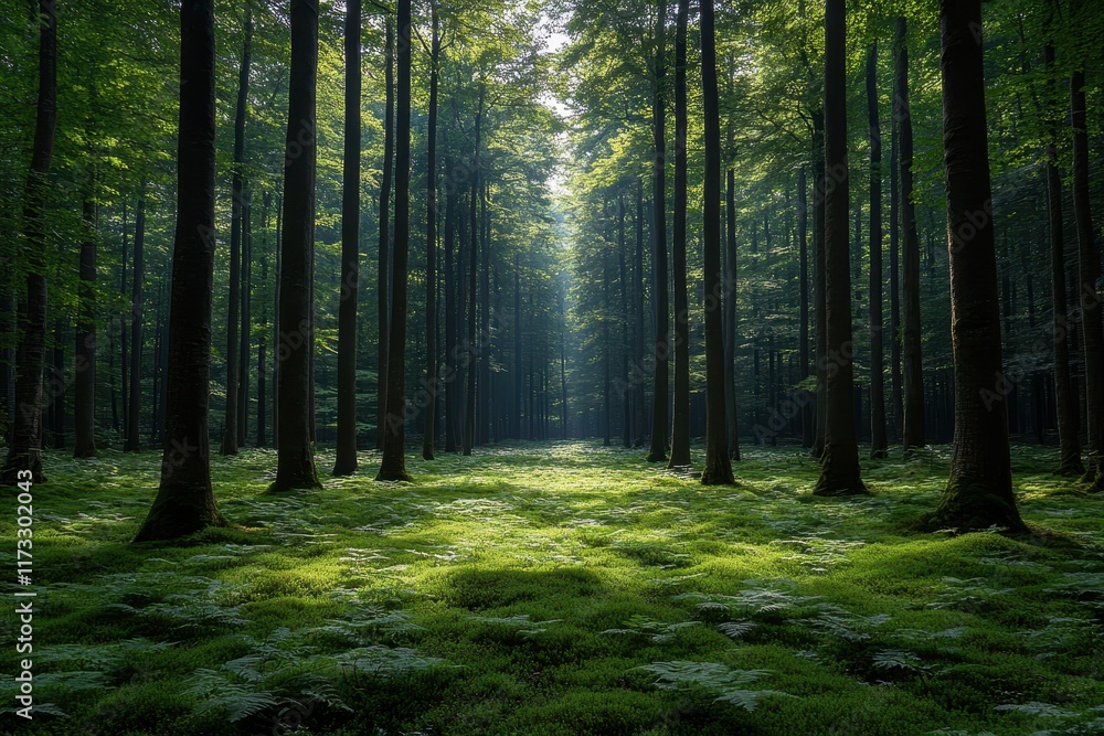 Obraz premium Lush green forest with towering trees and sunlight filtering through foliage in a serene location