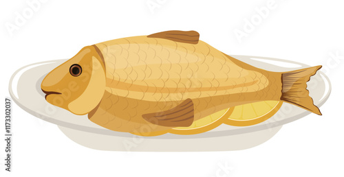 Roasted fish and lemon. Vector stock illustration. isolated on white background. 