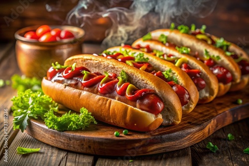 Juicy Hot Dogs Ready to Serve: Delicious Street Food Photography photo