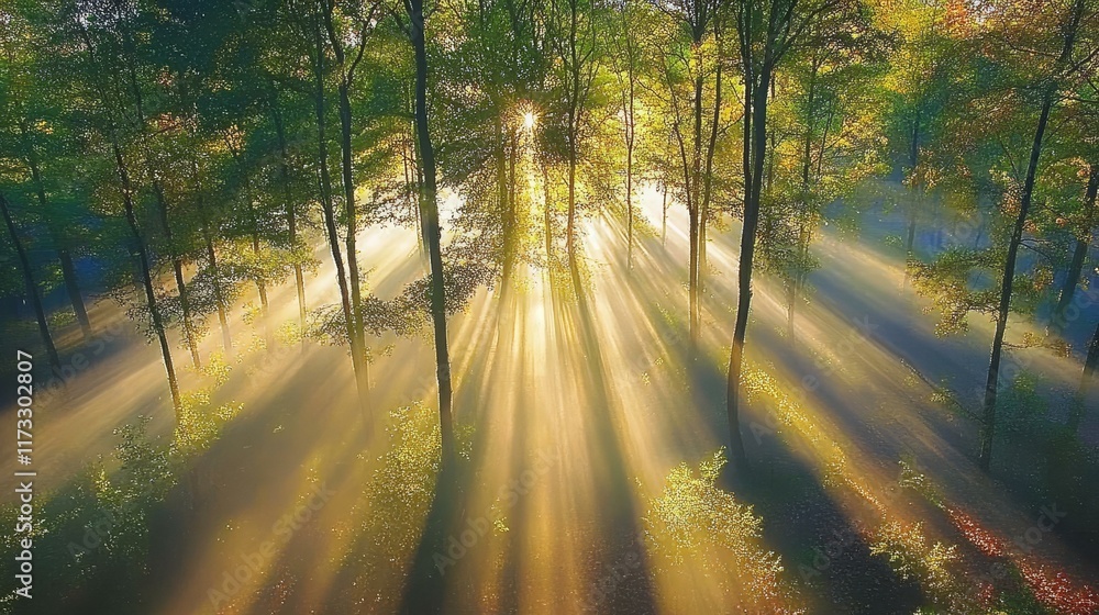 Fototapeta premium Sunlight Piercing Through the Forest Canopy