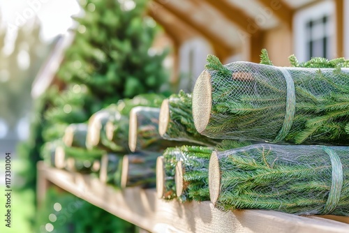 Christmas trees wrapped in netting awaiting collection on a residential street after the holiday season photo