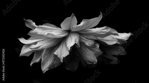 Monochrome close-up of a wilting flower against a black background, showcasing delicate petals and textures.