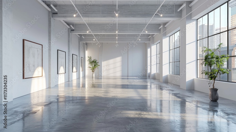 Empty white gallery space with windows, plant, and artwork. AI generative. . Empty white gallery space with windows, plant, and artwork. AI generative. .