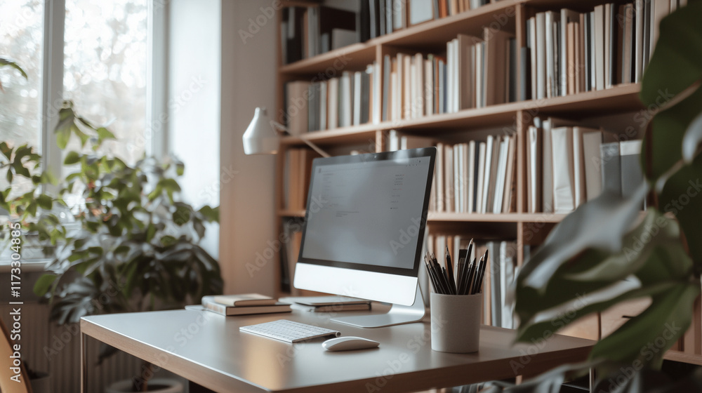 Modern Stylish Home Office with Bookshelf and Computer Setup Modern Stylish Home Office with Bookshelf and Computer Setup
