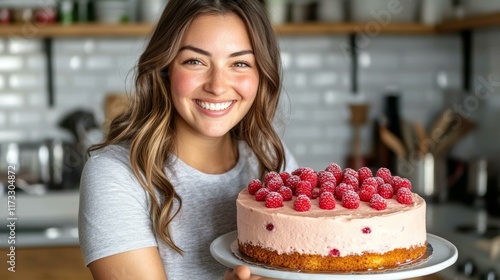 Woman Holding a Raspberry Cake in a Kitchen photo