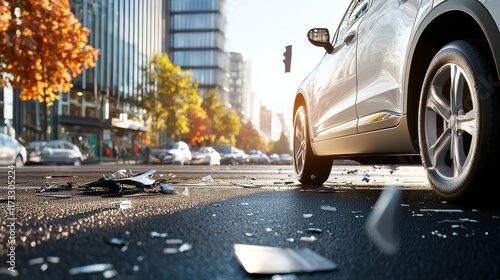 Car accident scene with shattered glass in urban environment