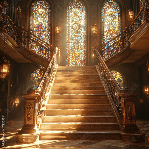 Grand staircase in ornate mansion hall with stained glass, sunlit, for upscale interiors
