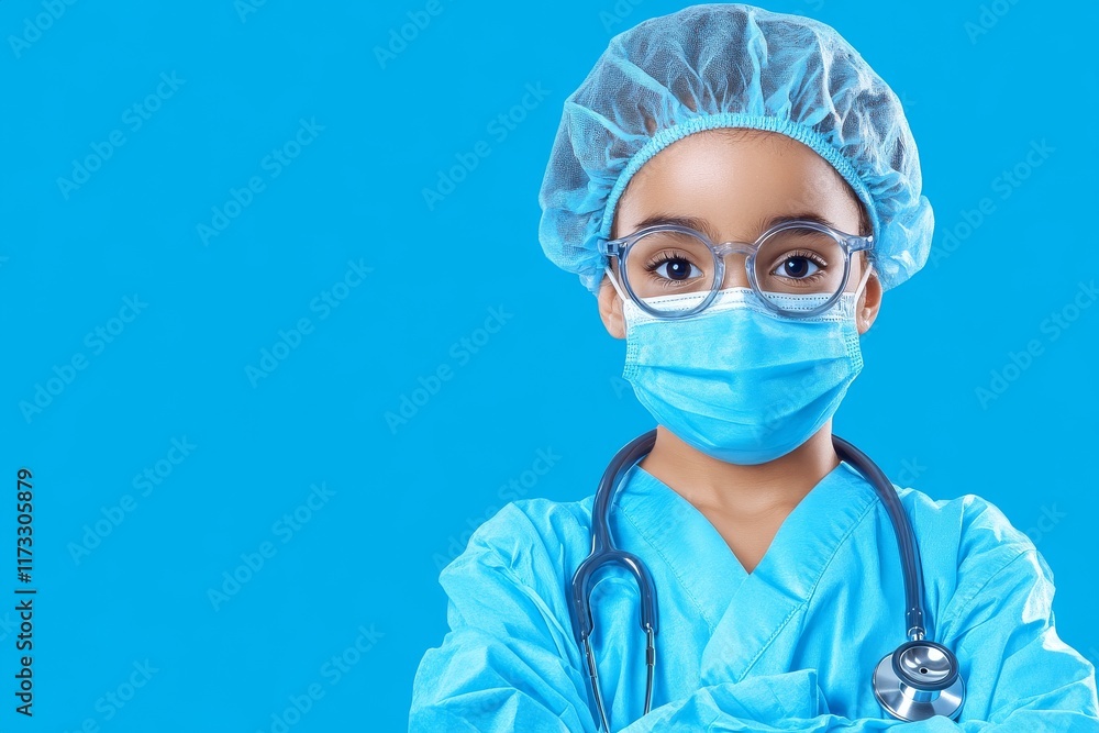 A young healthcare professional in blue scrubs and protective gear poses confidently against a vibrant blue background. A young healthcare professional in blue scrubs and protective gear poses confidently against a vibrant blue background.
