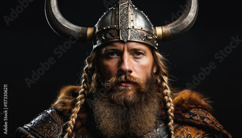 Viking warrior portrait with intricate armor and helmet captured in a dramatic lighting setting