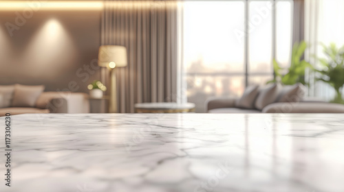 White marble surface top close living room interior background product display copy