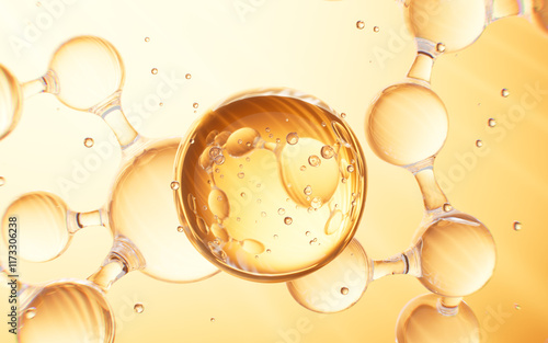 Gold glass spheres and molecule on soft background, Concept skin care Cosmetics background, 3D rendering.