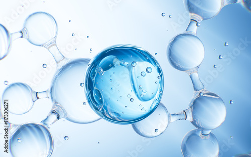 Blue glass spheres and molecule on soft background, Concept skin care Cosmetics background, 3D rendering.