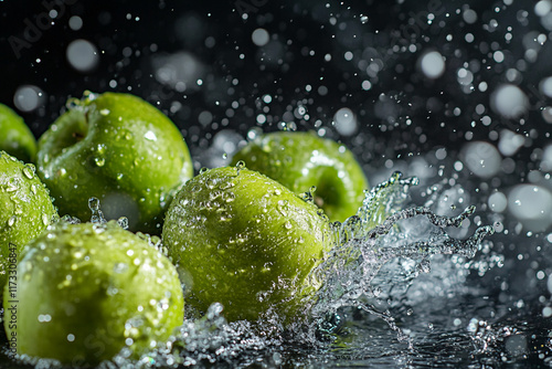 Green apples splashing in water with droplets and motion on a dark background photo