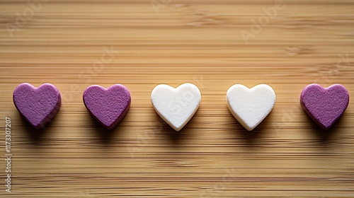 Purple and White Heart Candies on Wooden Background