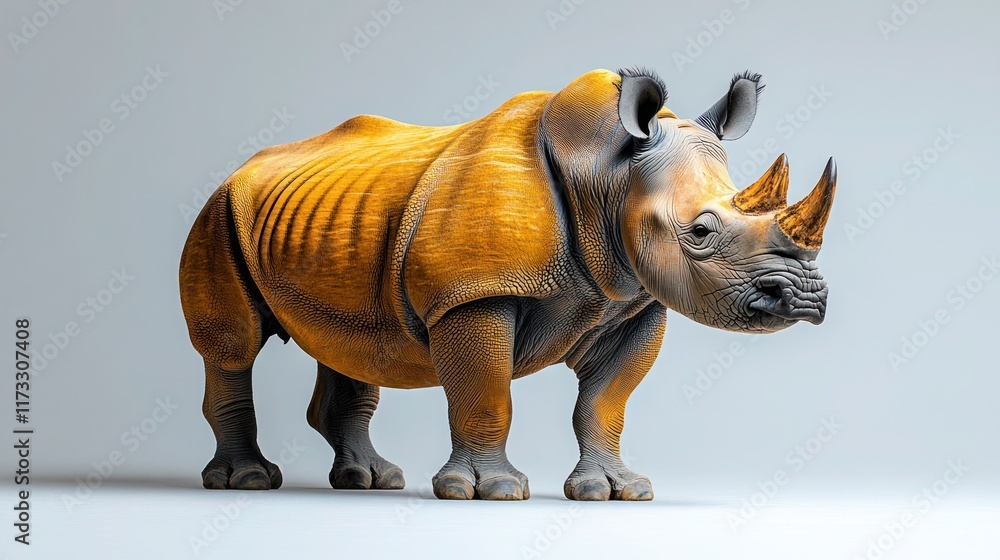 Fototapeta premium A golden-hued rhinoceros standing against a neutral background.
