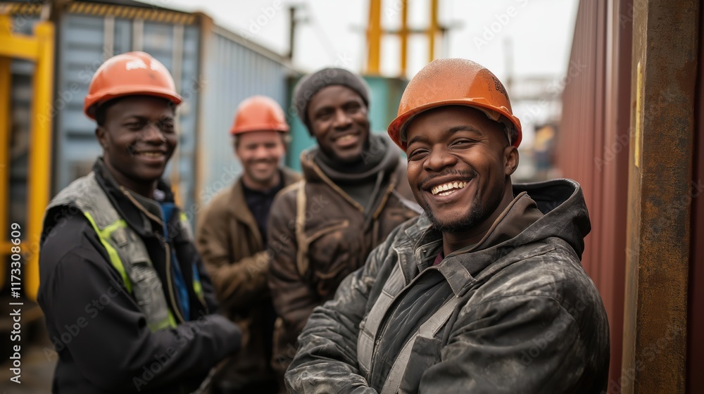Fototapeta premium Group of Multiracial Workers Smiling in Container Cargo Terminal