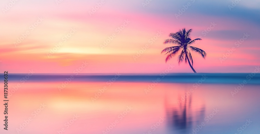 A single palm tree stands silhouetted against a vibrant pink and orange sunset over a calm ocean. A single palm tree stands silhouetted against a vibrant pink and orange sunset over a calm ocean.
